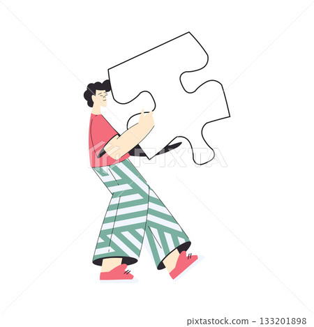 Man Hold Big Jigsaw Puzzle Connecting Element Together Vector Illustration 133201898