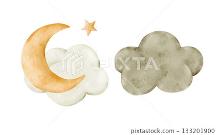 Moon, star, and fluffy clouds in night sky. Watercolor isolated weather clipart. Set of meteorology and climate elements for kids lessons, preschool posters, educational worksheets, learning material 133201900