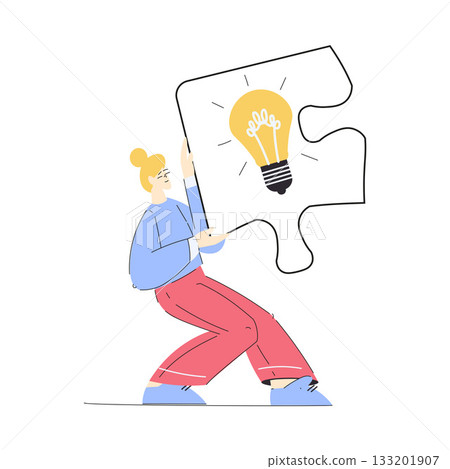 Woman Hold Big Jigsaw Puzzle Connecting Element Together Vector Illustration Woman Hold Big Jigsaw Puzzle Connecting Element Together Vector Illustration 133201907