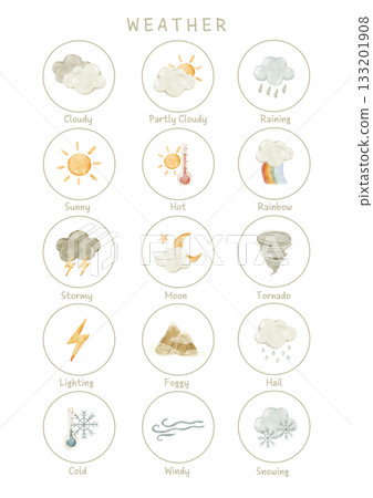 Weather icons poster with sun, rain, hail, snow, storm, tornado, fog, wind, rainbow, cloud, temperature signs. Watercolor educational clipart for preschool lesson, classroom decor, learning materials. Weather icons poster with sun, rain, hail, snow, storm, tornado, fog, wind, rainbow, cloud, temperature signs. Watercolor educational clipart for preschool lesson, classroom decor, learning materials. 133201908