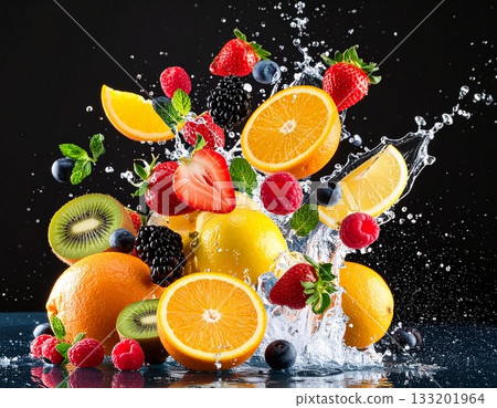Water and popping mixed fruits 133201964