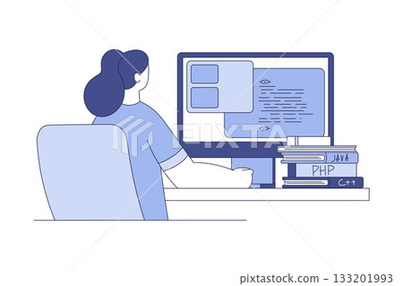 Programming with Woman Character Working on Web Application Development Vector Illustration Programming with Woman Character Working on Web Application Development Vector Illustration 133201993