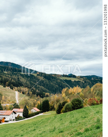 Green meadows and vibrant trees blanket hills surrounding quaint village in Austrian countryside, creating picturesque scene on cloudy autumn day. Rolling verdant hills, traditional Austrian village Green meadows and vibrant trees blanket hills surrounding quaint village in Austrian countryside, creating picturesque scene on cloudy autumn day. Rolling verdant hills, traditional Austrian village 133201998