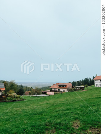 Vast green meadows cover rolling hills, dotted with traditional houses, creating serene and picturesque countryside scene, with sky stretching out above. Rolling countryside displaying verdant meadows 133202004