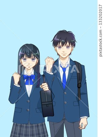 An anime-style illustration of a high school or junior high school boy and girl with a backpack and school bag, giving off an aspirational vibe 133202017