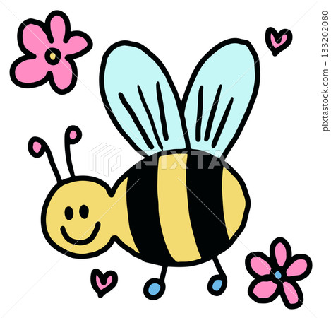 Hand drawn bee and flowers for animal, insect, decorations, spring, summer, picnic, park, home yard, stickers, tattoo, blossom, blooming, cute patch, fabric print, brooch, nature, garden, outdoors 133202080
