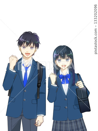 Anime-style illustration of smiling high school or junior high school students with backpacks and school bags, white background Anime-style illustration of smiling high school or junior high school students with backpacks and school bags, white background 133202096