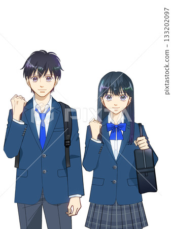 Anime-style illustration of a male and female high school or junior high school student with a positive expression and a backpack and school bag, white background Anime-style illustration of a male and female high school or junior high school student with a positive expression and a backpack and school bag, white background 133202097