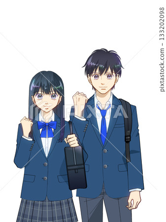 Anime-style illustration of a male and female high school or junior high school student with a positive expression and a backpack and school bag, white background Anime-style illustration of a male and female high school or junior high school student with a positive expression and a backpack and school bag, white background 133202098