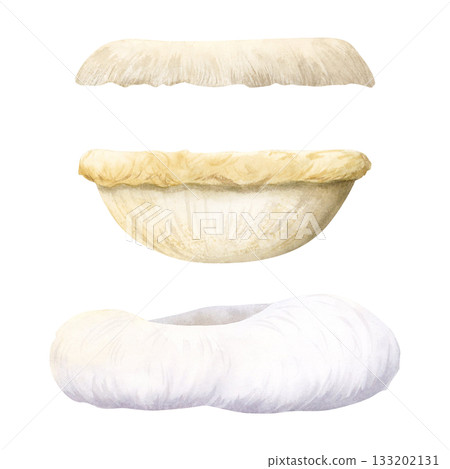 Cat beds watercolor illustration set isolated on white. Pet beddings in pastel beige colors for domestic animals. Fluffy and natural accessories and furniture clip art for pet shop designs 133202131