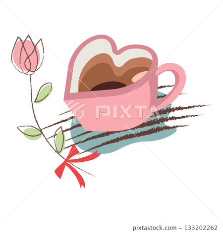 Heart-shaped cup of coffee and pink flowers illustration 133202262
