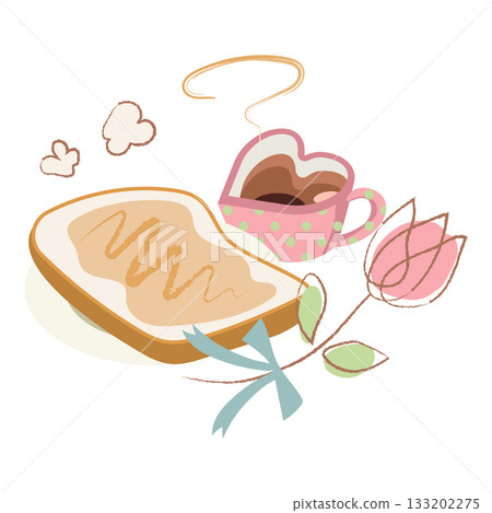 早餐插圖:心形馬克杯和熱氣騰騰的吐司 早餐插圖:心形馬克杯和熱氣騰騰的吐司 133202275