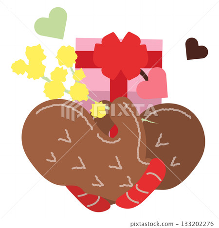 Illustration of a woman holding a gift box and mimosa in mittens Illustration of a woman holding a gift box and mimosa in mittens 133202276