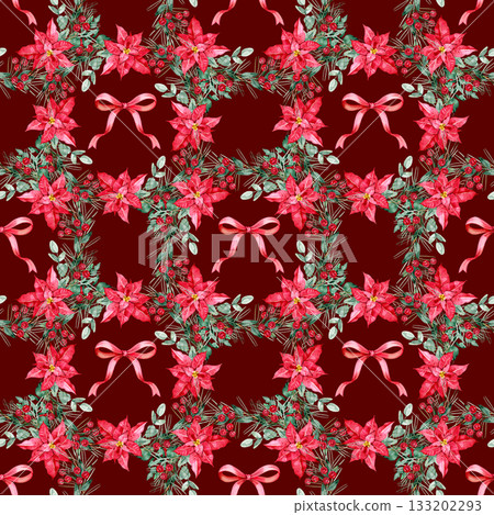 Watercolor Christmas seamless pattern with red poinsettias, eucalyptus leaves, berries and festive ribbons. Perfect for holiday wrapping, textiles, invitations, stationery and seasonal decor projects. Watercolor Christmas seamless pattern with red poinsettias, eucalyptus leaves, berries and festive ribbons. Perfect for holiday wrapping, textiles, invitations, stationery and seasonal decor projects. 133202293