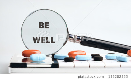 A magnifying glass hovers above different colored pills on a white surface. The words BE WELL are visible through the magnifying glass. It promotes healthcare 133202333