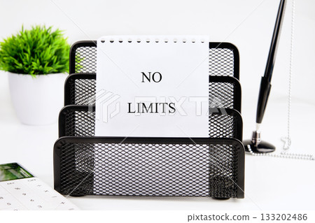 On a clean desk, a black metal file organizer holds a note that boldly states NO LIMITS. A plant and pen complete the inspiring workspace, encouraging creativity and ambition 133202486