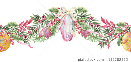 Pink ballet flats and glass ball ornament Christmas seamless border. Hand drawn watercolor with colored pencil texture. Festive garland with green yew branch perfect for frame and holiday card design. Pink ballet flats and glass ball ornament Christmas seamless border. Hand drawn watercolor with colored pencil texture. Festive garland with green yew branch perfect for frame and holiday card design. 133202553