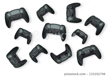 Wireless gaming controllers flying in air isolated on white background, symbolizing gaming technology concept 133202746