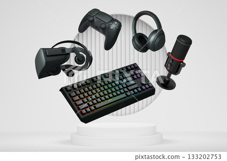 Gaming and streaming accessories including RGB keyboard, headphones, microphone, VR glasses floating above podium Gaming and streaming accessories including RGB keyboard, headphones, microphone, VR glasses floating above podium 133202753