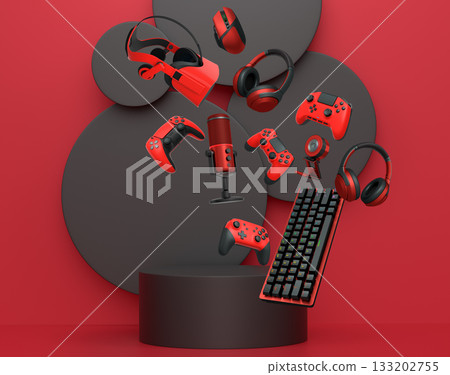 Multiple gaming devices and accessories floating above podium against abstract background, concept of modern gaming tech 133202755