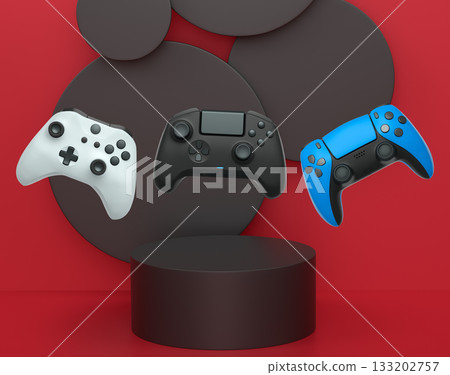 Colorful gaming controllers joystick levitating over podium against abstract background, minimalist concept device on pedestal Colorful gaming controllers joystick levitating over podium against abstract background, minimalist concept device on pedestal 133202757