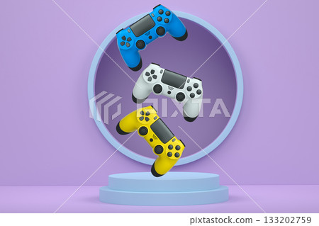 Colorful gaming controllers joystick levitating over podium against abstract background, minimalist concept device on pedestal 133202759