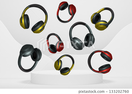 Multiple wireless headphones floating above platform or podium on abstract background, symbolizing audio tech Multiple wireless headphones floating above platform or podium on abstract background, symbolizing audio tech 133202760
