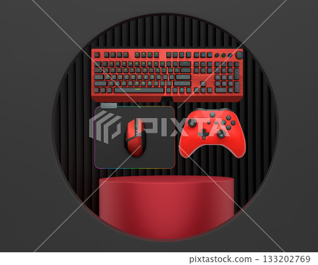 Gaming keyboard, mouse, and controller float in air on pastel background with podium, concept of gaming setup Gaming keyboard, mouse, and controller float in air on pastel background with podium, concept of gaming setup 133202769