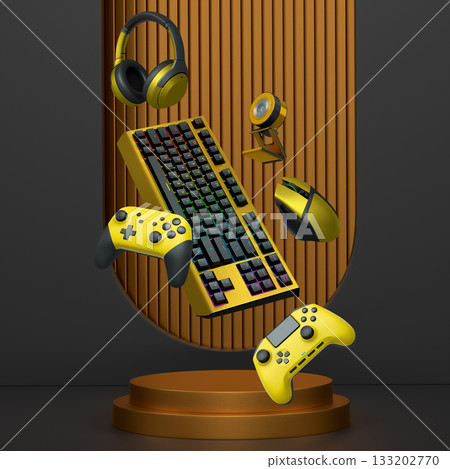 Gaming keyboard, mouse, controllers, web camera and headphones floating above podium on abstract background, symbolizing games Gaming keyboard, mouse, controllers, web camera and headphones floating above podium on abstract background, symbolizing games 133202770