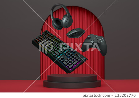 Gaming keyboard, mouse, controllers, and headphones floating above podium on abstract pastel background, symbolizing games Gaming keyboard, mouse, controllers, and headphones floating above podium on abstract pastel background, symbolizing games 133202776