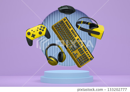 Gaming controllers, keyboard, headset, VR gear, and mouse floating above podium, digital art style, with abstract backdrop Gaming controllers, keyboard, headset, VR gear, and mouse floating above podium, digital art style, with abstract backdrop 133202777