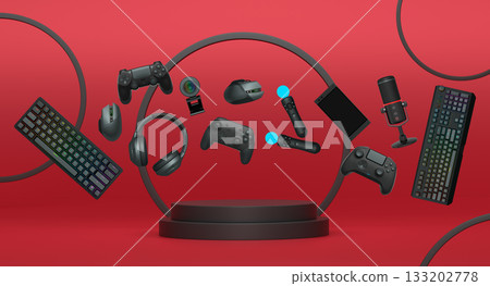 Multiple gaming devices and accessories floating above podium against abstract background, concept of modern gaming tech Multiple gaming devices and accessories floating above podium against abstract background, concept of modern gaming tech 133202778