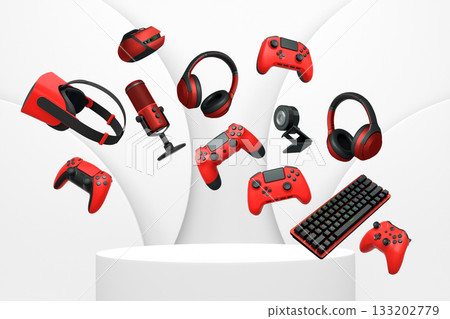 Multiple gaming devices and accessories floating above podium against abstract background, concept of modern gaming tech 133202779