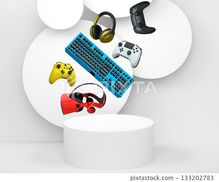 Gaming controllers, keyboard, headset, VR gear, and mouse floating above podium, digital art style, with abstract backdrop 133202783