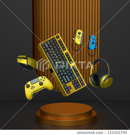 Gaming keyboard, mouse, controllers, and headphones floating above podium on abstract pastel background, symbolizing games 133202784