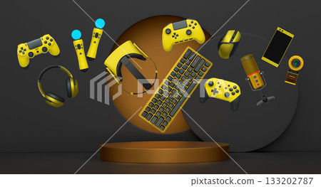 Multiple gaming devices and accessories floating above podium against abstract background, concept of modern gaming tech 133202787