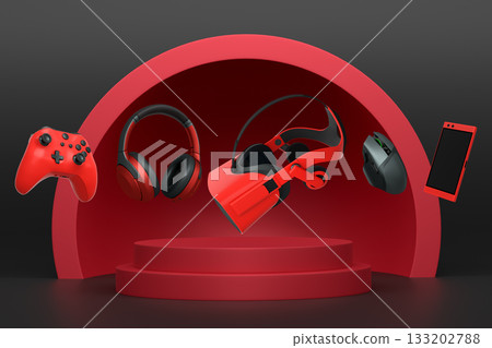 Collection of gaming gadgets like controllers, VR glasses, phone and headphones over podium on abstract pastel background 133202788