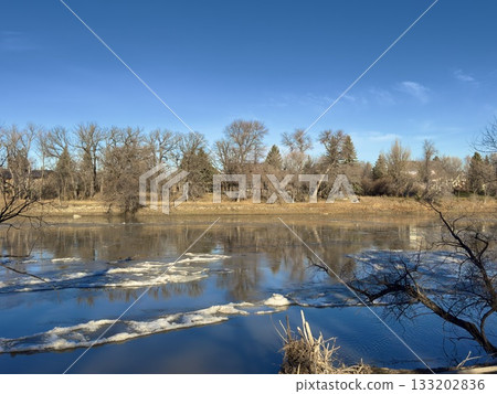 Riverside landscape in early winter 133202836