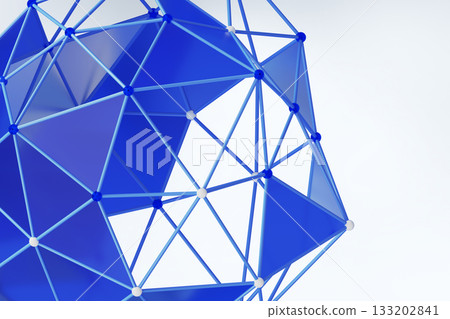 Abstract wireframe sphere - blue triangle grid pattern, geometric 3d shape on white background. Mesh orb, hollow ball of connected plastic lines and glass dots. Digital tech banner. 3D illustration Abstract wireframe sphere - blue triangle grid pattern, geometric 3d shape on white background. Mesh orb, hollow ball of connected plastic lines and glass dots. Digital tech banner. 3D illustration 133202841