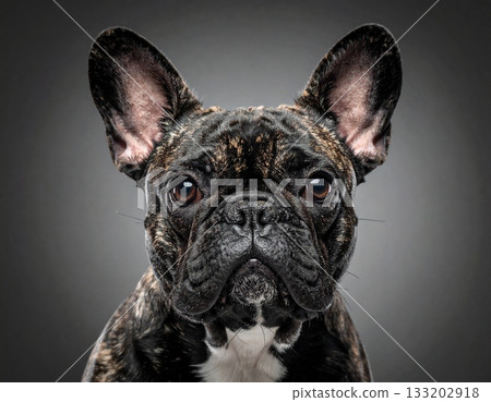 Gorgeous French bulldog, serious and judging, extreme close-up Gorgeous French bulldog, serious and judging, extreme close-up 133202918
