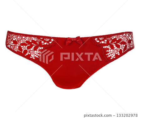 Womens red lace trim panties isolated front view Womens red lace trim panties isolated front view 133202978