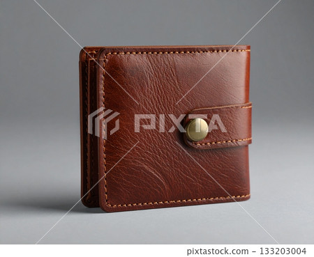 Classic Brown Leather Wallet with Button on Grey Background 133203004