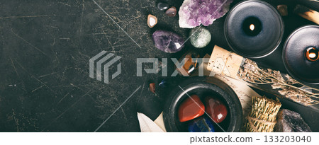 Holistic Healing Objects on Textured Dark Background Holistic Healing Objects on Textured Dark Background 133203040