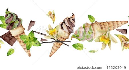 Soft ice cream swirl and mint leaves in waffle cone wirh chocolate bits, vanilla flower pods. Isolated seamless banner border hand drawn in watercolor. Frozen treat tag, cafe menu art, eco packaging. Soft ice cream swirl and mint leaves in waffle cone wirh chocolate bits, vanilla flower pods. Isolated seamless banner border hand drawn in watercolor. Frozen treat tag, cafe menu art, eco packaging. 133203049