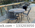 Outdoor patio furniture on wooden deck 133203050