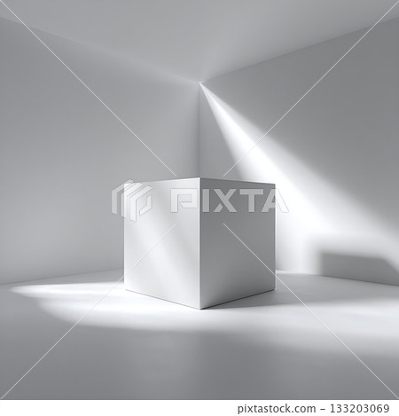 極簡主義3D藝術作品，一個白色立方體漂浮在柔和的光線中。 133203069