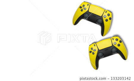 Wireless gaming controllers flying in air isolated on white background, symbolizing gaming technology concept Wireless gaming controllers flying in air isolated on white background, symbolizing gaming technology concept 133203142