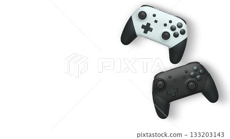 Wireless gaming controllers flying in air isolated on white background, symbolizing gaming technology concept 133203143