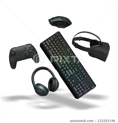Floating gaming accessories like keyboard, mouse, controller, headset and VR goggles on white background with clipping path 133203146