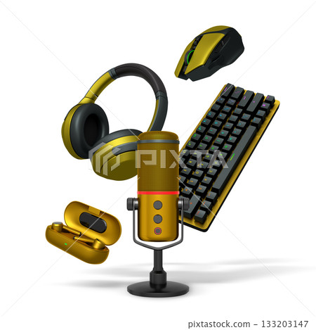 Gaming keyboard, controllers, headset, mouse, and microphone isolated on white background with clipping path. 133203147